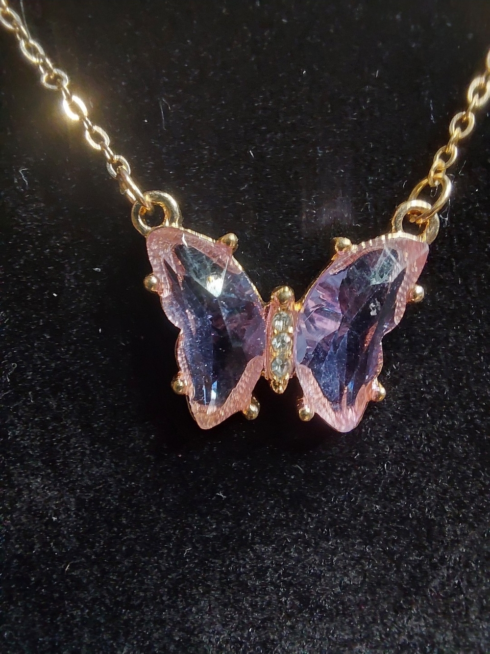 Gold Butterfly Pendant Necklace with Pink Crystal Wings